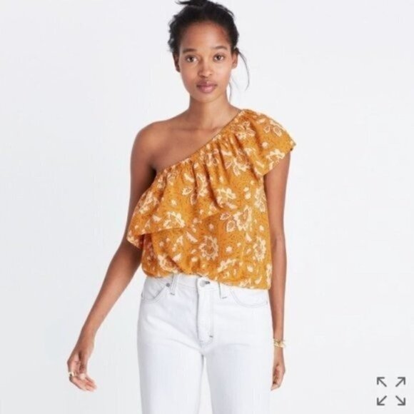 Madewell Silk One-Shoulder Ruffle Top in Yellow Assam Floral S - Picture 1 of 11